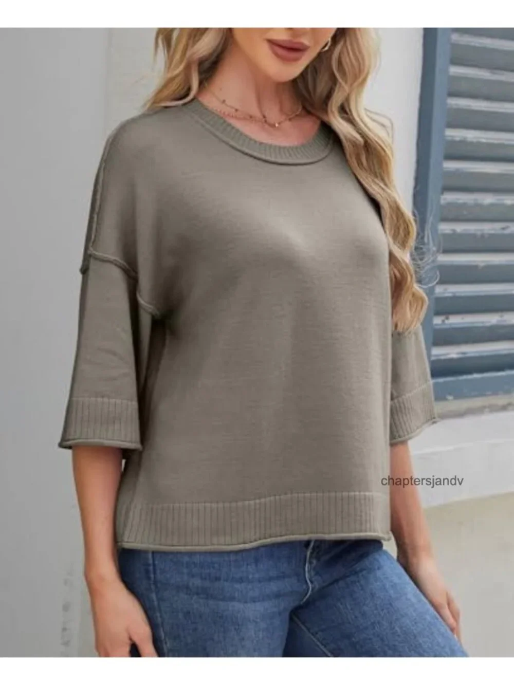 Oversized Cropped Knit Pullover Sweater 3/4 Sleeve Crew Neck Casual
